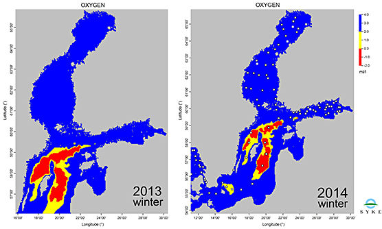 Fig 2. Deep water oxygen condition in winters 2013 and 2014.